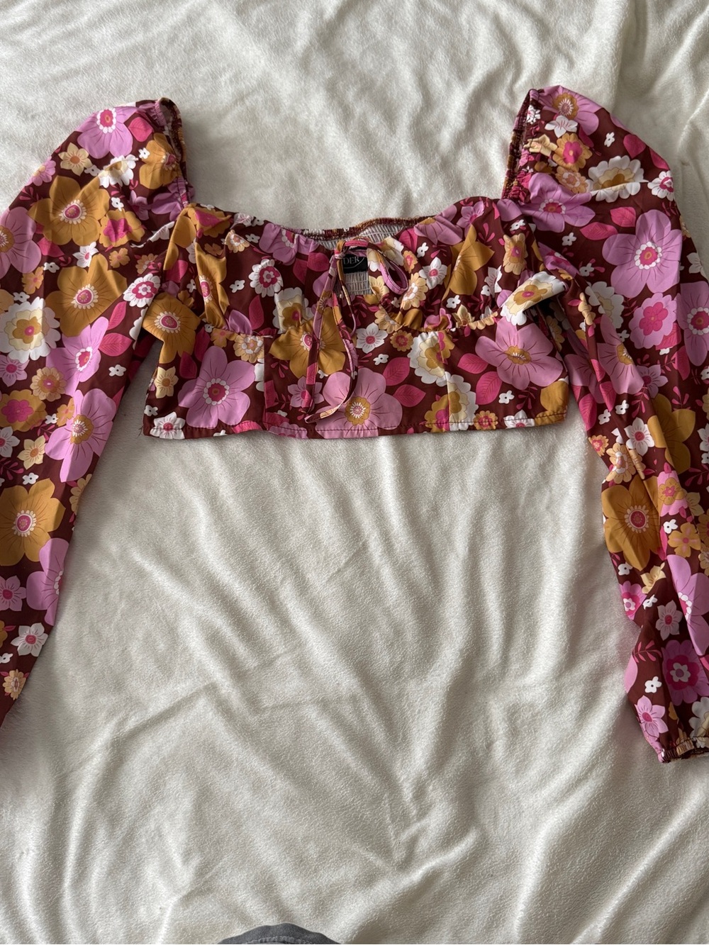 Cider Burgundy Floral Off-Shoulder Crop Top with Pink & Mustard Flowers